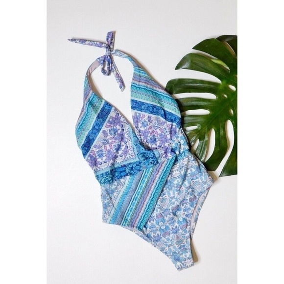 NANETTE LEPORE Poppy Floral Halter One Piece Swimsuit Plunge Beach Size 10 - Picture 3 of 16